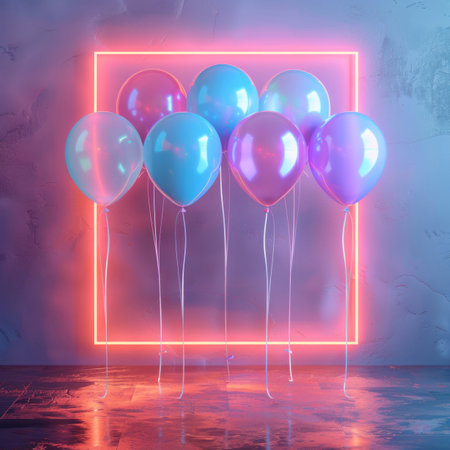 Neon-lit balloons set against a pastel-colored background with neon empty frame and copy space.の素材