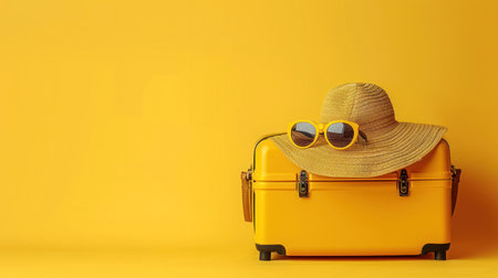 Yellow suitcase with sunglasses and a hat on a yellow background.の素材
