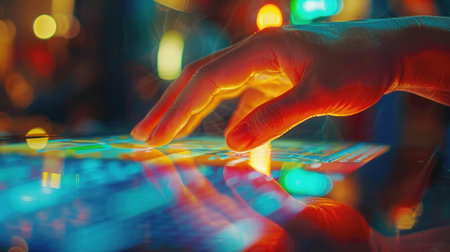 A hand pressing on a digital tablet screen.の素材