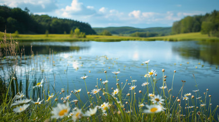 A serene lake, its surface like a mirror reflecting the sky above.の素材