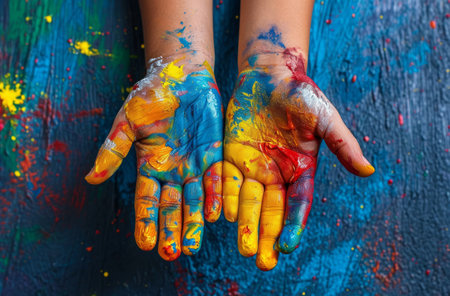 painting kids' hands with paints.の素材