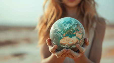 young girl holding up planet planet with dune on white.の素材