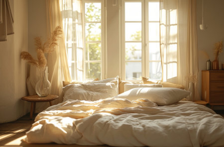 a bed with linens and pillows on a table in front of an empty apartment.の素材