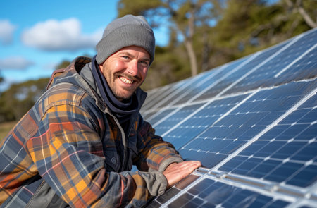 a man smiling on a solar panel.の素材