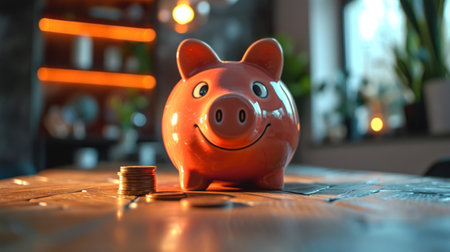 a piggy bank with coin thrown over a table.の素材