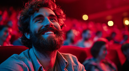 a handsome bearded man smiling in a theater while in the movie.の素材