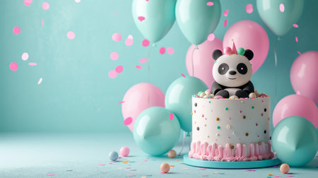 birthday panda cake with condles, balloons, confetti on minimalist vivid background with copy space.の素材