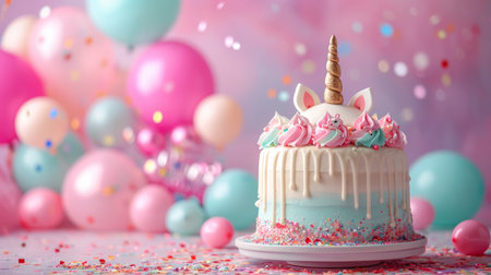 birthday unicorn cake with condles, balloons, confetti on minimalist vivid background with copy space.の素材