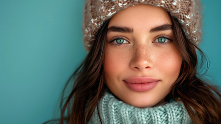 Close-up portrait of beautiful young brunette woman in knitted hat on minimalist vivid background.の素材