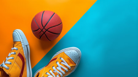 basketball ball and sneakers on minimalist vivid background with copy space.の素材