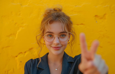 business woman pointing fingers while standing on yellow background.の素材