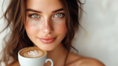 Close-up portrait of beautiful young brunette woman with coffee.の素材
