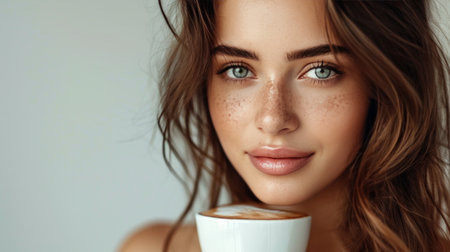 Close-up portrait of beautiful young brunette woman with coffee.の素材
