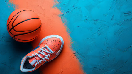 basketball ball and sneakers on minimalist vivid background with copy space.の素材