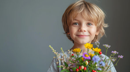 boy with flower bouquet on minimalist background with copy space.の素材