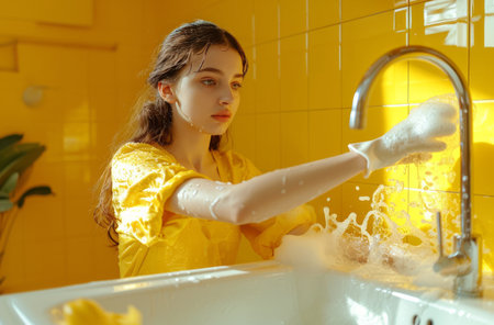 lady wearing rubber gloves washing dishes using soap in sink.の素材