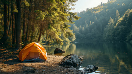 orange tourist tent stands on the river bank surrounded by a pine forest with copy cpace.の素材