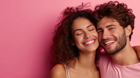 happy kisses couple on minimalist vivid background with copy space.の素材