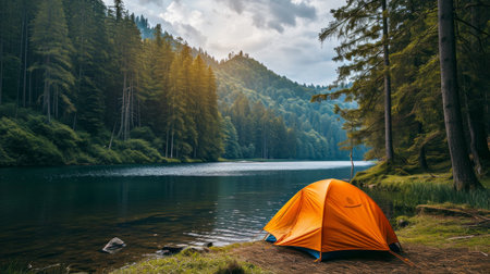 orange tourist tent stands on the river bank surrounded by a pine forest with copy cpace.の素材