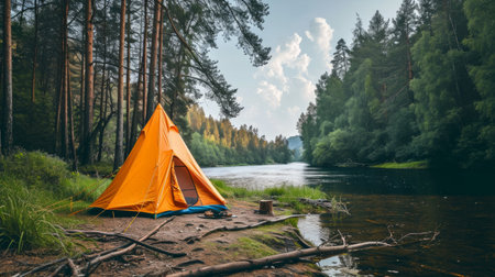 orange tourist tent stands on the river bank surrounded by a pine forest with copy cpace.の素材