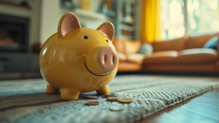 piggy bank with coins in a living room.の素材