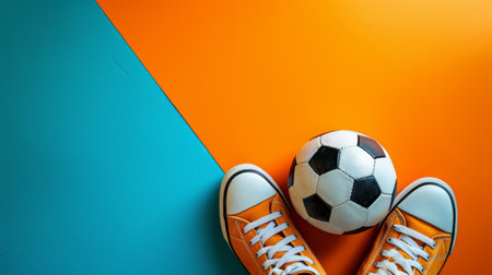 soccer ball and sneakers on minimalist vivid background with copy space.の素材