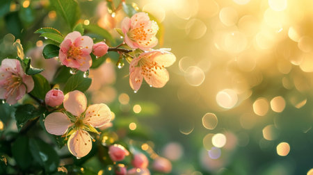 spring advertisment natural background with flowers, bokeh lights and copy space.の素材