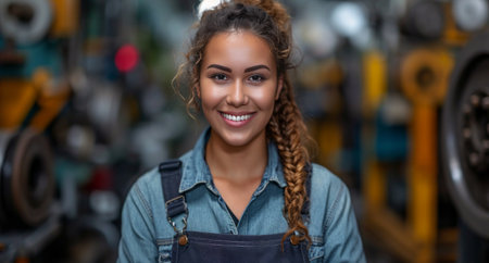 female auto mechanic holding her tablet, happy and smiling.の素材