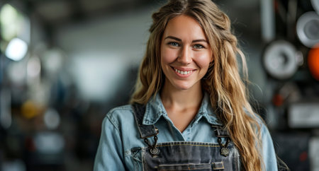 female auto mechanic holding her tablet, happy and smiling.の素材