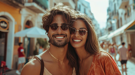 couple in love, embarrassing and posing on the street on holiday.の素材
