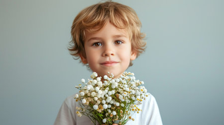 little boy fith flower bouquet on minimalist background with copy space.の素材
