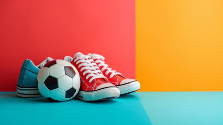 soccer ball and sneakers on minimalist vivid background with copy space.の素材
