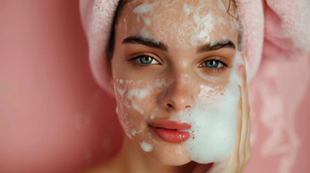 Attractive model with crisp combed hair, washes face with cleansing foam.の素材