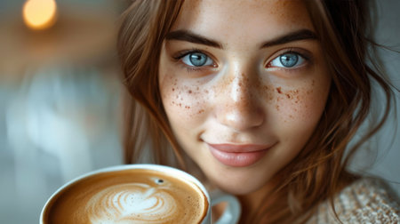 Close-up portrait of beautiful young brunette woman with coffee.の素材