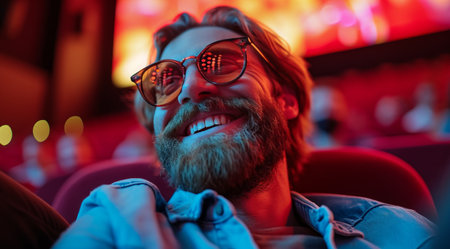 a handsome bearded man smiling in a theater while in the movie.の素材