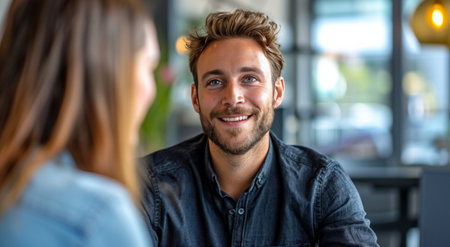 a man talks about his own experience on an interview with a woman.の素材