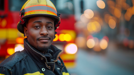 africanamerican man in a firefighter uniform standing near a blurred fire truck with copy space.の素材