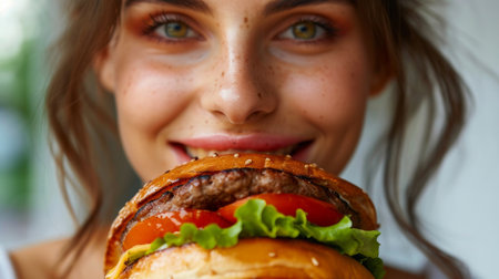 Close-up portrait of beautiful young brunette woman with large burger.の素材
