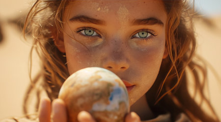 young girl holding up planet planet with dune on white.の素材