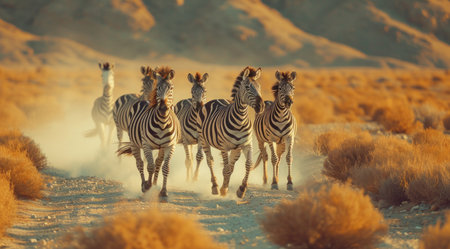zebras lead horses through the desert.の素材