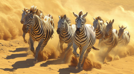 zebras lead horses through the desert.の素材