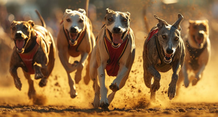 greyhound races offer the chance for you to race four or six dogs at once.の素材
