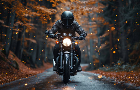 man riding motorcycle through the woods.の素材
