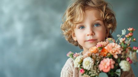 little boy fith flower bouquet on minimalist background with copy space.の素材