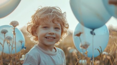 A joyful child playing with balloons outside, having fun in a spring field.の素材
