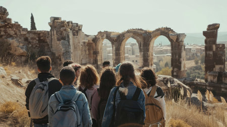 A group of students on a field trip to a historical site, surrounded by ancient ruins.の素材