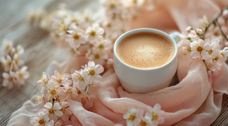 a cup of coffee is sitting on a wooden surface with flowers around it.の素材