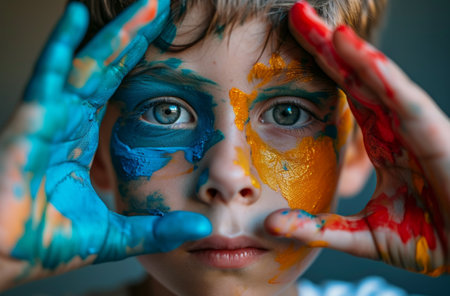 young boy covers his eyes with paint.の素材
