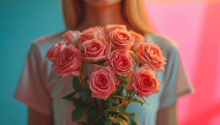 woman holding a bunch of pink roses beautiful female.の素材