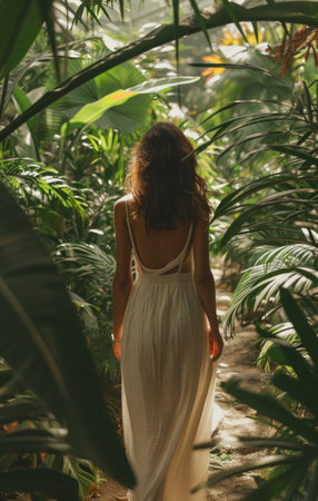 a woman is walking through a garden with green plants.の素材